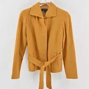 JONES NY Womens Tweed Wool Jacket Size 4 Petite Gold Yellow‎ Belted Button Retro